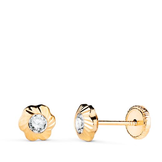18K Pendientes Oro Amarillo Flor Orla Tallada Circonita. Medida: 5,5Mm Cierre Tuerca
