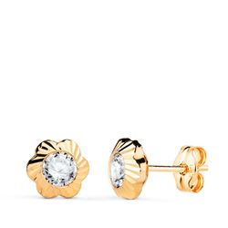 18K Pendientes Oro Amarillo Flor Orla Tallada Circonita. Medida: 7Mm Cierre Presion
