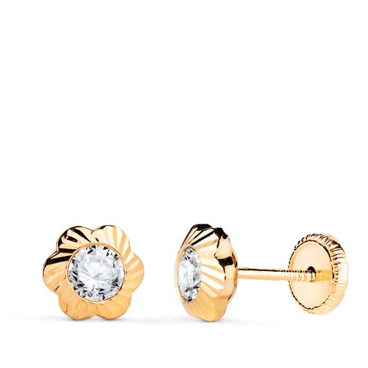 18K Pendientes Oro Amarillo Flor Orla Tallada Circonita. Medida: 7Mm Cierre Tuerca