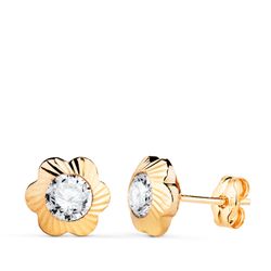 18K Pendientes Oro Amarillo Flor Orla Tallada Circonita. Medida: 9Mm Cierre Presion