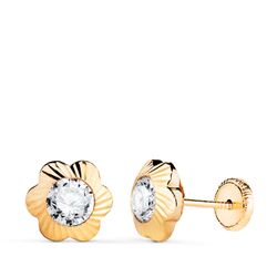 18K Pendientes Oro Amarillo Flor Orla Tallada Circonita. Medida: 9Mm Cierre Tuerca