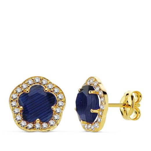 18K Pendientes Oro Amarillo Flor Piedra Azul. 9X9 Mm Cierre Presion