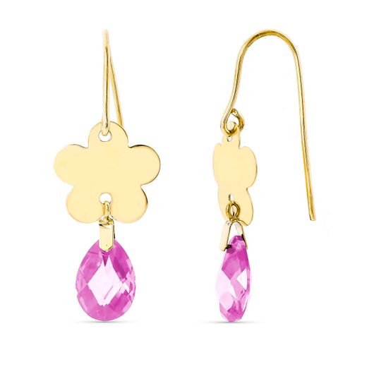 18K Pendientes Oro Amarillo Flor Piedra Rosa 10X7 Mm Cierre Gancho