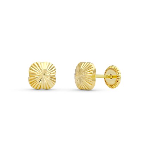18K Pendientes Oro Amarillo Flor Talladas. 6X6 Mm Cierre Tuerca