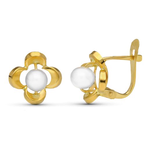 18K Pendientes Oro Amarillo Flor Y Perla 10X10 Mm Cierre Catalan