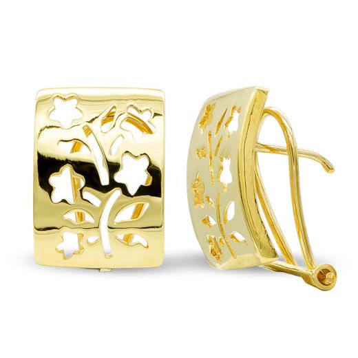 18K Pendientes Oro Amarillo Flores Caladas Cierre Omega