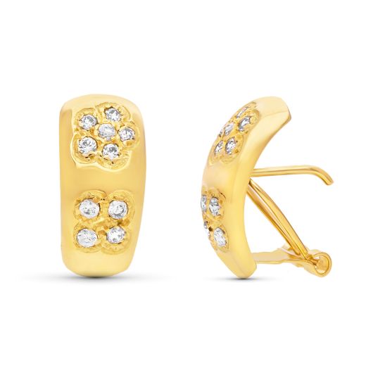 18K Pendientes Oro Amarillo Flores Circonita 17X8 Mm Cierre Omega