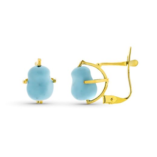 18K Pendientes Oro Amarillo Garra Turquesa Mediana Natural Arizona 7X5 Mm Cierre Catalan
