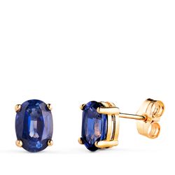 18K Pendientes Oro Amarillo Garras Zafiro 7X5 Mm 1.58 Qts. Cierre Presion