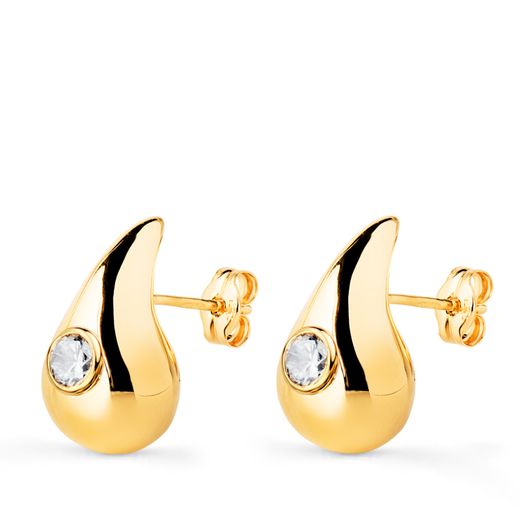 18K Pendientes Oro Amarillo Gota Con Circonita Brillo Hueca 16 X 9 Mm. Cierre Presion