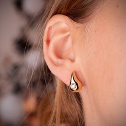 18K Pendientes Oro Amarillo Gota Con Circonita Brillo Hueca 16 X 9 Mm. Cierre Presion