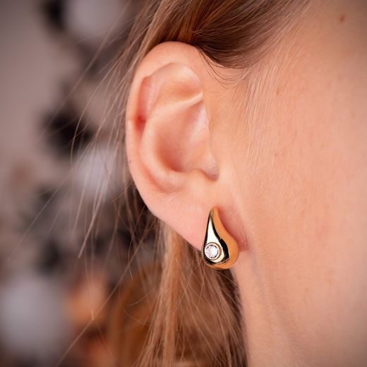 18K Pendientes Oro Amarillo Gota Con Circonita Brillo Hueca 16 X 9 Mm. Cierre Presion