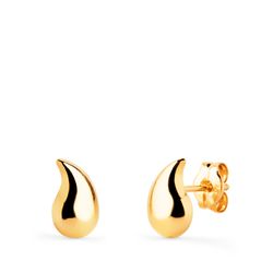 18K Pendientes Oro Amarillo Gota Curva Lisa Brillo Hueca 8 X 5,5 Mm. Cierre Presion