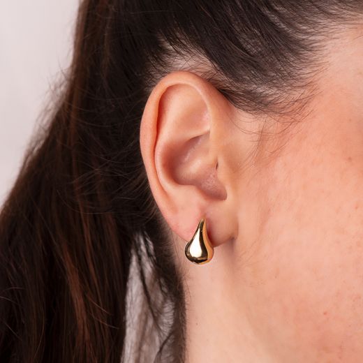 18K Pendientes Oro Amarillo Gota Lisa Brillo Hueca 16 X 9 Mm. Cierre Presion