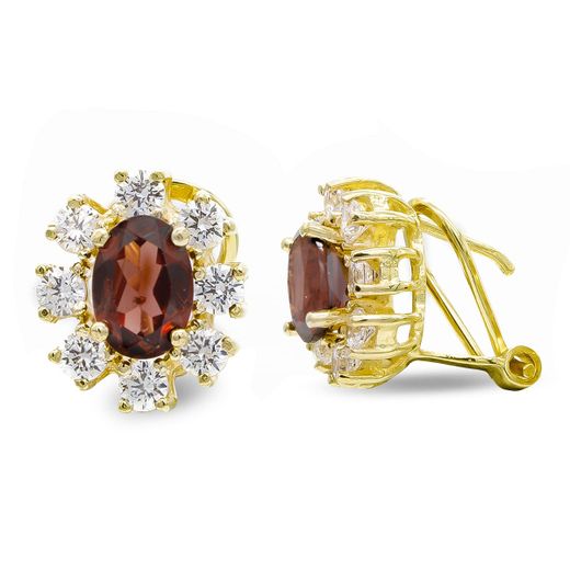 18K Pendientes Oro Amarillo Granate 7X5 Mm Circonita Cierre Omega