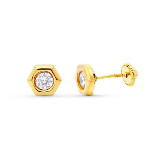 18K Pendientes Oro Amarillo Hexagono. 7X6 Mm. Cierre Tuerca