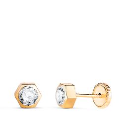 18K Pendientes Oro Amarillo Hexagono Con Circonita. Medida: 5 X 4,5 Mm. Cierre Tuerca