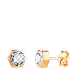 18K Pendientes Oro Amarillo Hexagono Con Circonita. Medida: 6 X 5,5 Mm. Cierre Presion