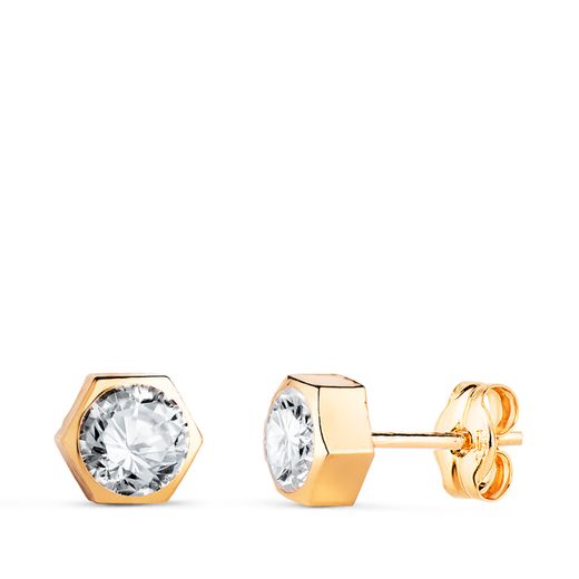 18K Pendientes Oro Amarillo Hexagono Con Circonita. Medida: 6 X 5,5 Mm. Cierre Presion