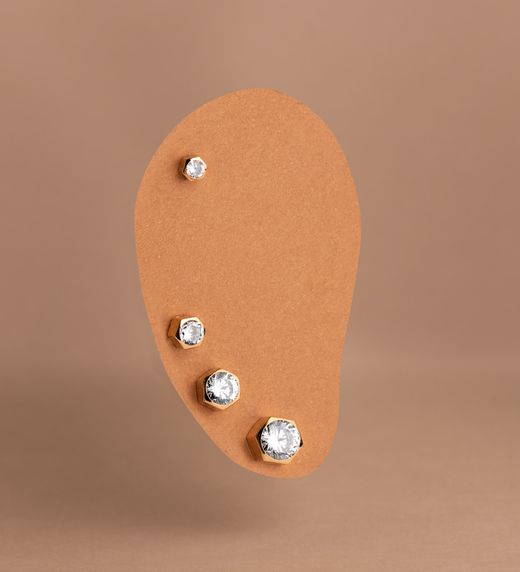 18K Pendientes Oro Amarillo Hexagono Con Circonita. Medida: 6 X 5,5 Mm. Cierre Presion