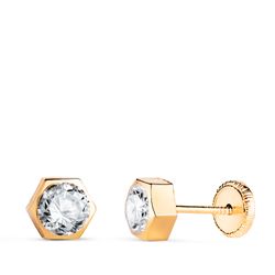 18K Pendientes Oro Amarillo Hexagono Con Circonita. Medida: 6 X 5,5 Mm. Cierre Tuerca