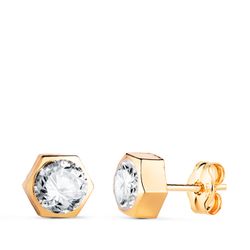 18K Pendientes Oro Amarillo Hexagono Con Circonita. Medida: 7 X 6,5 Mm. Cierre Presion