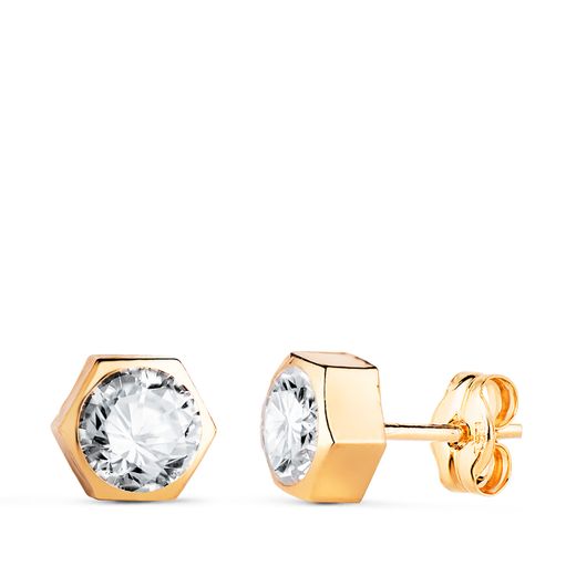 18K Pendientes Oro Amarillo Hexagono Con Circonita. Medida: 7 X 6,5 Mm. Cierre Presion