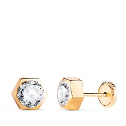 18K Pendientes Oro Amarillo Hexagono Con Circonita. Medida: 7 X 6,5 Mm. Cierre Tuerca