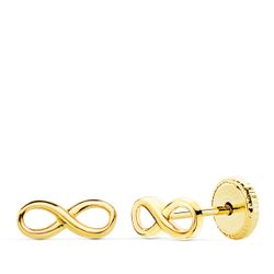 18K Pendientes Oro Amarillo Infinito Lisos. 8X3 Mm Cierre Tuerca