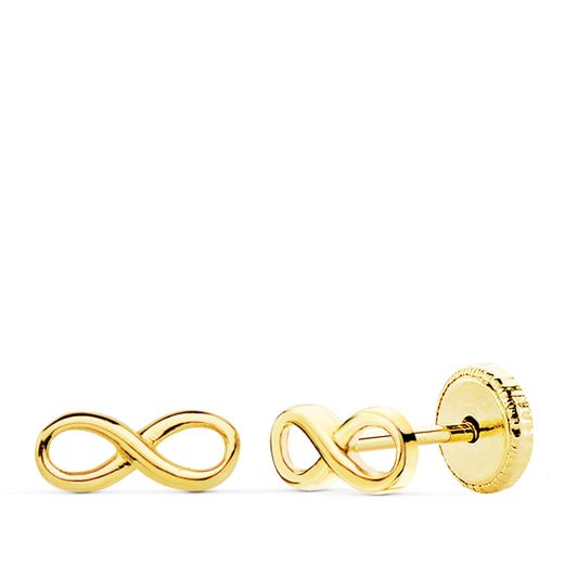 18K Pendientes Oro Amarillo Infinito Lisos. 8X3 Mm Cierre Tuerca