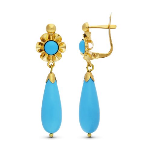 18K Pendientes Oro Amarillo Lagrima Turquesa Cierre Catalan