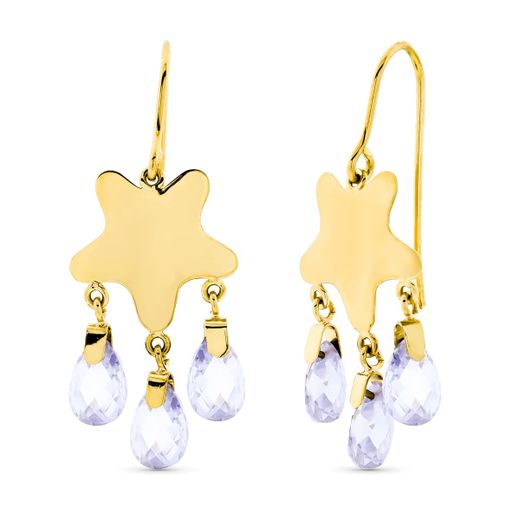 18K Pendientes Oro Amarillo Largo Estrella Piedra Color Malva Cierre Gancho