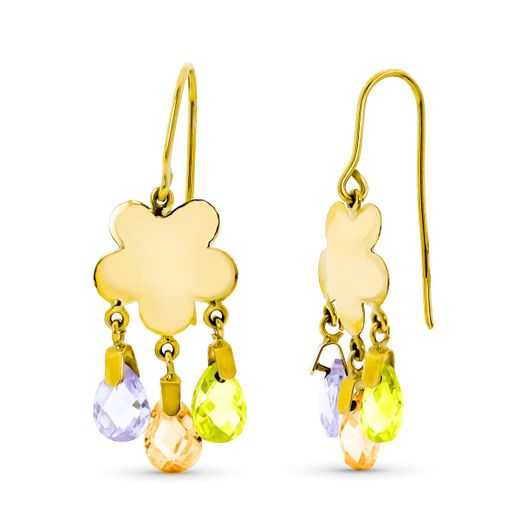 18K Pendientes Oro Amarillo Largo Flor 3 Piedras Color Ct-Ma-Ol Cierre Gancho