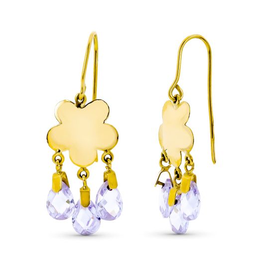 18K Pendientes Oro Amarillo Largo Flor 3 Piedras Color Malva Cierre Gancho