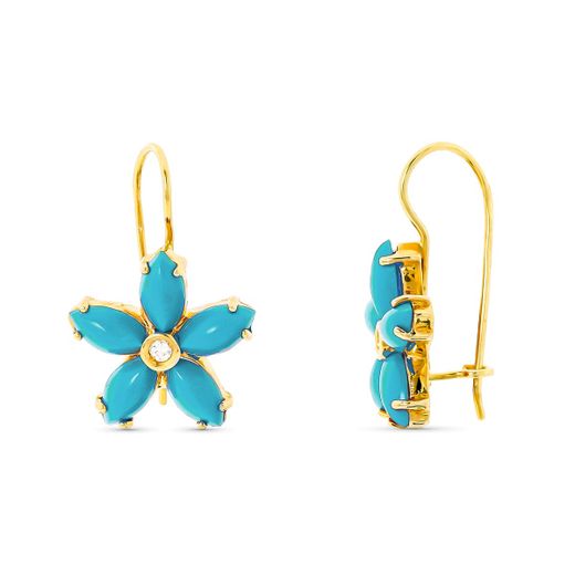 18K Pendientes Oro Amarillo Largo Flor Turquesas 6X3Mm Circonita Cierre Gancho