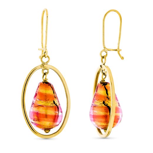 18K Pendientes Oro Amarillo Largo Murano Dorada Y Rosa 12X8 Mm Cierre Gancho