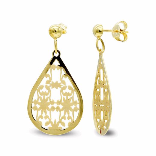 18K Pendientes Oro Amarillo Largo Oval Calado Cierre Presión