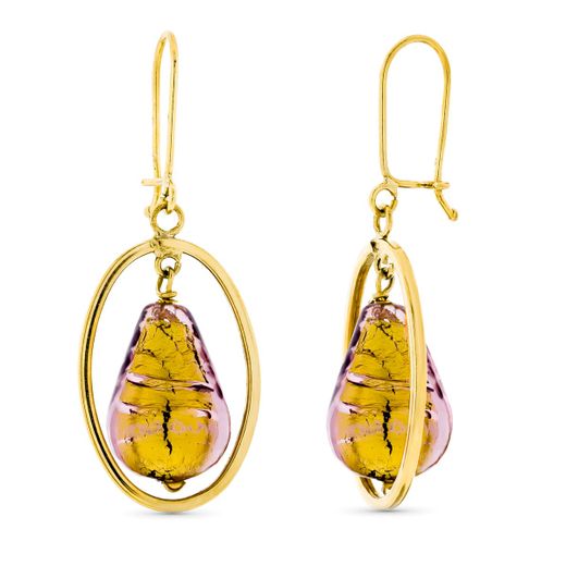 18K Pendientes Oro Amarillo Largo Piedra Murano Dorada 12X8 Mm Cierre Gancho