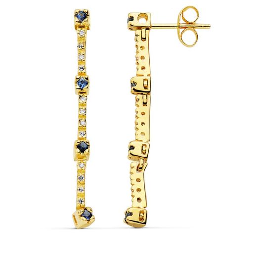 18K Pendientes Oro Amarillo Largos 16 Circonita Y Zafiro Presion