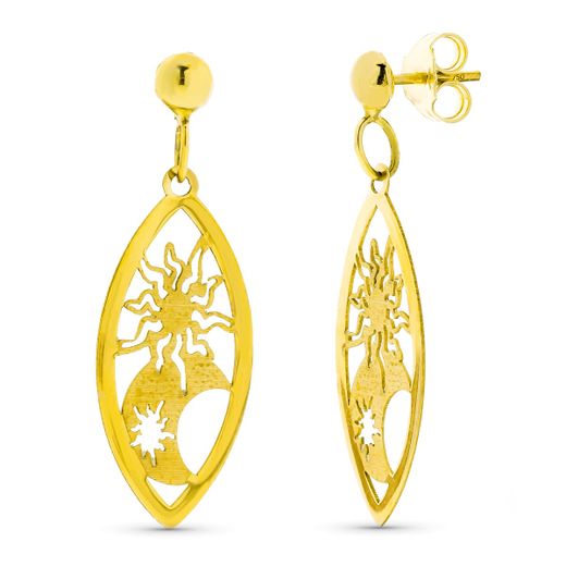 18K Pendientes Oro Amarillo Largos Calados Sol Y Luna Cierre Presión