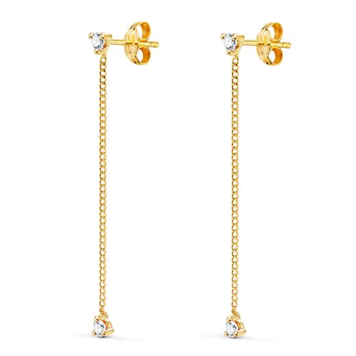 18K Pendientes Oro Amarillo Largos Con Cadena Y Circonita 42 Mm. Cierre Presion