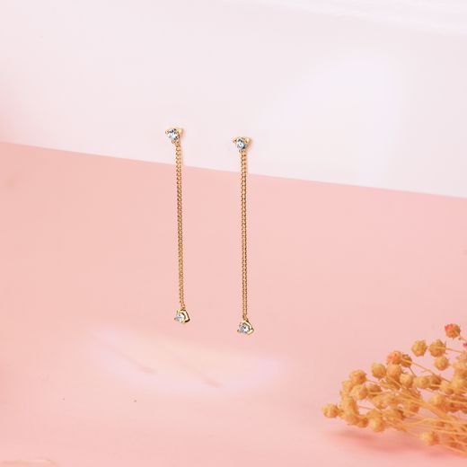 18K Pendientes Oro Amarillo Largos Con Cadena Y Circonita 42 Mm. Cierre Presion