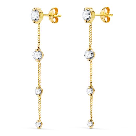 18K Pendientes Oro Amarillo Largos Con Cadena Y Circonita 46 Mm. Cierre Presionç