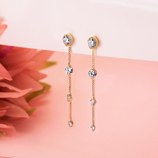 18K Pendientes Oro Amarillo Largos Con Cadena Y Circonita 46 Mm. Cierre Presionç