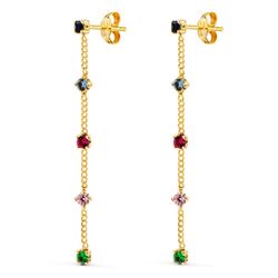 18K Pendientes Oro Amarillo Largos Con Cadena Y Circonita Colores 39 Mm. Cierre Presion