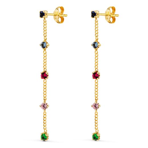 18K Pendientes Oro Amarillo Largos Con Cadena Y Circonita Colores 39 Mm. Cierre Presion