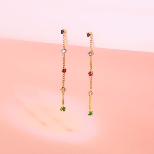 18K Pendientes Oro Amarillo Largos Con Cadena Y Circonita Colores 39 Mm. Cierre Presion