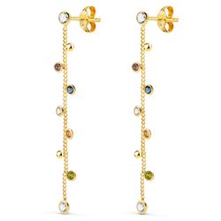 18K Pendientes Oro Amarillo Largos Con Cadena Y Circonita Colores 45 Mm. Cierre Presion