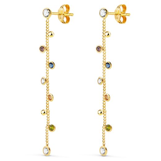18K Pendientes Oro Amarillo Largos Con Cadena Y Circonita Colores 45 Mm. Cierre Presion