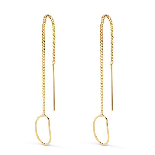 18K Pendientes Oro Amarillo Largos Con Cadena Y Motivo Oval. Largo 76 Mm